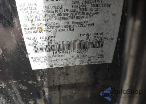 2007 Mercury Montego Premier z USA, uszkodzony, nr VIN 1MEHM42167G603264